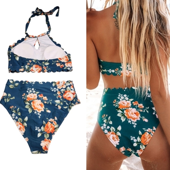 Cupshe Floral Halter Bikini Swimsuit Teal High Waist Medium - Picture 2 of 9